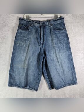 Enyce Denim Jean Shorts Jorts Mens Size 34 Blue 90s Y2K Baggy Vtg Whiskered 15”